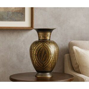 11" Vintage Brass Vase – Hand-Etched Floral Design – Made in India – Black & Gol